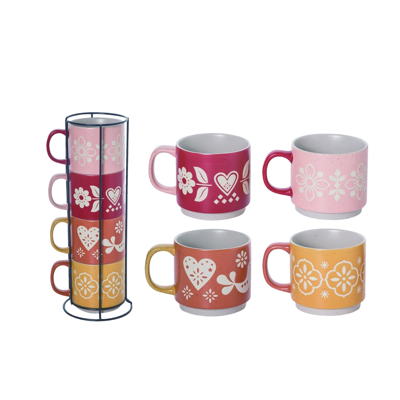 Transpac Ceramic 17" Multicolor Stacked Mugs Set of 5, Wax-Resistant Stoneware, Pink/Red, 14oz, Dishwasher Safe, Everyday Use